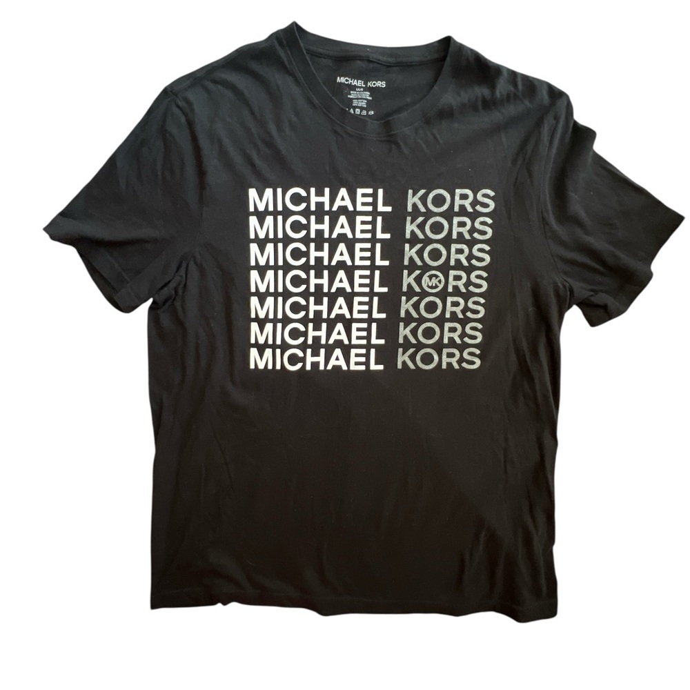 Michael Kors Black with white & silver logo Graphic Tee Sz L